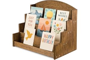 SUNNYNEST Greeting Card Display Stand Holder Rack Organizer,4 Tier Wooden Multifunctional Card Display Stand, for Postcards, Stickers, Retail Stores, Brown
