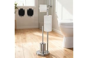 DIYGEEK Porta Carta Igienica da Terra con 2 Scopino, Piantana Portarotolo per Bagno WC con Base Stabile, Spazio per 2 Rotoli di Riserva, Argento Spazzolato, Acciaio Inox, 70 x 21 x 21 cm