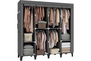 OPPAIYA Canvas Wardrobe, 175 * 45 * 170cm, Portable wardrobe With 6 Hanging Rails, 8 Shelves and 8 Side Bags, Cheap Temporary wardrobe, Large Fabric wardrobes for bedroom、Living Room - Gray