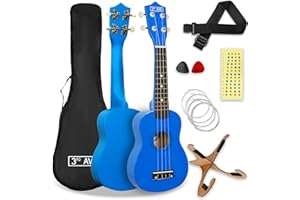 3rd Avenue Pack de ukulele soprano para principiantes de 21 pulgadas para principiantes – Con funda, soporte, correa, cuerdas, púas y marcadores adhesivos para el diapasón – Azul