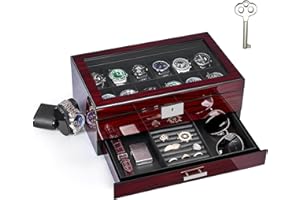 ANWBROAD 12 Emplacements Boite A Montre Homme 2 Couches Avec Grand Couvercle En Verre Rangement Montre Stand JWB001Y