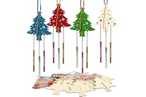 WEDNOK 6 Stück 3D Weihnachtsbaum Windspiel Bastelset Weihnachten Basteln Kinder Holz Weihnachtsdeko Bastelhandwerk zum Bemalen Kreativsets Klangspiele für Mädchen Jungen Weihnachten Winter