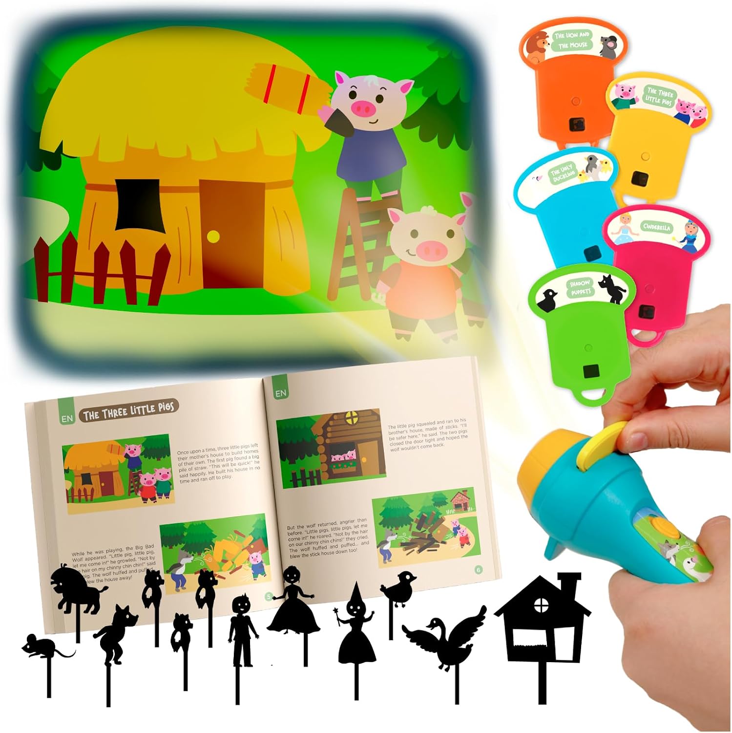 Nene Toys Libro de Cuentos con Linterna Proyectora y Teatro de Sombras para Niños +3 Años - 4 Cuentos Clásicos en 5 Idiomas, Juego Interactivo para Dormir y Regalo Infantil