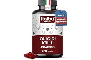 RAIBU Olio di Krill Puro Antartico - Ricco di Omega 3 (EPA & DHA), 6 e 9 + Astaxantina + Fosfolipidi - 200 Perle (oltre 3 mesi di fornitura) - 1.200 mg di Olio di Krill - Senza Retrogusto di Pesce