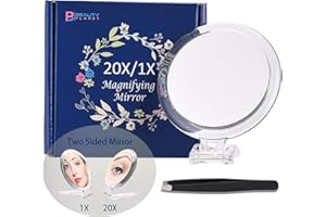 B BEAUTY PLANET Specchio su due lati, ingrandimento 20X/1X,specchio pieghevole per il trucco con supporto portatile, uso per applicazioni di trucco, pinzatura e rimozione di punti neri/blemish. (Trasparente)