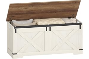 Hzuaneri Storage Chest, Farmhouse Shoe Storage Bench with 2 Secure Hinge, Lift-Top Storages Bench, Bed End Stool, Wooden Storages Organizer 40 x 109 x 48.5 cm, for Bedroom White and Brown SB10914X