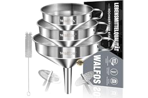 Walfos Trichter Set aus Edelstahl mit 2 abnehmbaren Siebfilter zum Übertragen Flüssigkeit, Speiseölen, Marmelade, und 1 Stück Reinigungsbürste,3 Pack trichter set edelstahl 14.4/12.7/10.4CM