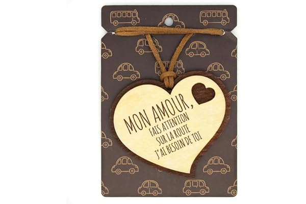 Mon Amour Fais Attention sur LA Route, J'Ai Besoin DE TOI - Pendentif pour rétroviseur en Bois 2 épaisseurs avec cordelette en Cuir. Cadeau Original Qui Vient du cœur pour Vos Proches. (10)