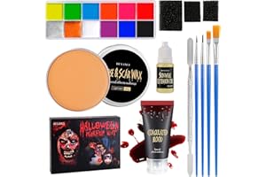 DE'LANCI Halloween Special Effects SFX Makeup Kit for Zombie,Vampire,12 Color Makeup Paint Oil Based,Scar Wax(2.12 oz),Fake Blood(1.77 oz),10ml Extension Oil,4 Paint Brushes,Spatula,3 Stipple Sponge