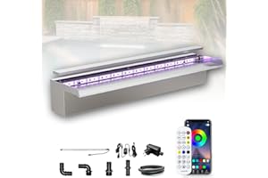 ‎LONGRUN Longrun 60cm Teich Wasserfall Set, 304 Edelstahl Pool Wasserfall Brunnen mit RGB Bluetooth LED und Fernbedienung, Breite 15cm