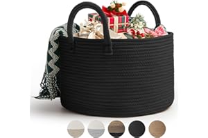 Rieeyrslza Corbeille à Linge en Coton Tissé D40 x H25 CM Panier de Rangement en Corde de Coton 32L Pliage Grande Capacité Corbeilles à Linge Avec Anse Convient à la Décoration Intérieure(Noir)