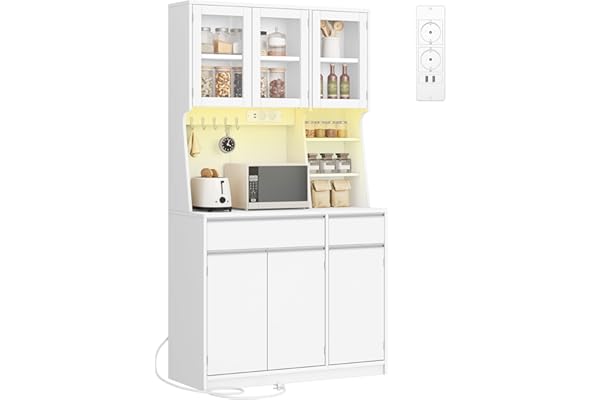 Hzuaneri Alacena de Cocina, Aparador Comedor, Armario Cocina Almacenaje con regleta y Tira de Luces LED, encimera y 2 cajones