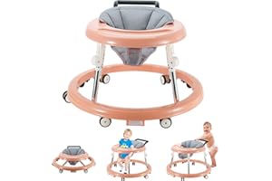 FUGUALIN Baby Walker with Wheels, Activity Center with Mute Wheels Anti-Rollover, 5-Position Height Adjustable Foldable Baby Walker (Pink)