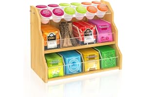 JC-Houser Bamboo Tea Bag Storage Organiser with Acrylic Coffee Pods Holder, Vertical Tea Bag Box Caddy for Tea Bags, Teabag Storage Tea Boxes with Compartments for Home Kitchen Office Café