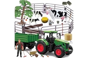 Hyrenee Giocattoli della fattoria Playset trattore con rimorchio 1/24 scala veicoli con mucca agricoltore balla erba tronco fattoria strumento per ragazzi ragazze bambini Toodlers età 3-7 anni