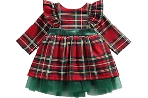 Zukmuk Vestito a Quadri di Natale per Neonata Bambina Abiti da Principessa Manica Lunga con Bowknot Carino Abito in Tulle per Capodanno Festa