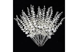 Leixi 24pcs Glitter Eucalyptus Leaves Stems,13.8In Christmas Eucalyptus Branches Plants for Wedding Xmas Tree Holiday Winter Home Fireplace Decor (White)