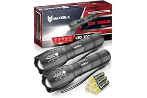 Maxesla Lampe Torche LED 2000 Lumens, 2024 Lampe Torche LED Super Lumineuse, Puissante Alimentée par Pile, Zoomable, Résistante à l'eau, IP65 Lampe de Poche Tactique, Camping en Plein Air, 6 Piles AAA