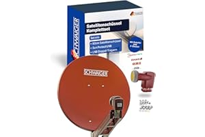 SCHWAIGER Satellitenschüssel Komplettset - Ø 80 cm Aluminium Offset Antenne in Ziegelrot - Inkl. Quad LNB 4-Fach & LNB Doppel-Tragarm - Digital HD & 4K Empfang - Integrierte Kabelführung & wetterfest