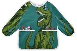 JUMBEAR Green Dinosaur Wearing Sunglasses Kids Art Smocks Children Waterproof Painting Artist Apron with 2 Pockets for Baking, Eating, Arts & Crafts for Age 2-6Years,M