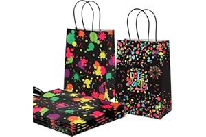 HOPTON 10 Stück Neon Party Geschenktüten Kindergeburtstag, Glow Kleine Papiertüten mit Henkel, Leuchtet im Dunkeln Mitgebsel Tüten, Partytüten für Kindergeburtstag Neon Fasching, 21x15x8 cm