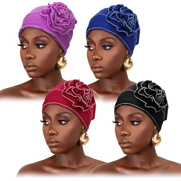 3-Pack Women's Turban Caps With Flower & Bead Design – Elastic Headwrap For Hair Loss, Sleep, Or Fashion