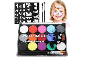 Alaoo Zestaw do malowania ciała, 15 kolorów, zestaw do malowania twarzy, 32 foremki i 2 pędzle, naturalne i bezpieczne, profesjonalne malowanie ciała dla dzieci, nadaje się na imprezę, do makijażu