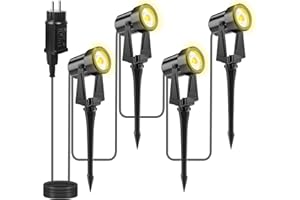 Totofac Focos Led Exterior, 46FT/14m 4x3W LED Focos Jardin con Estaca,COB Blanco Cálido 3000K 1200lm 14V IP65 Impermeable, Focos de Jardín al Aire Libre Iluminación de Caminos para Césped, Patios
