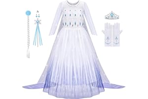 Aomig Vestiti Principessa Frozen, Costume Manica Lunga Principessa, Vestito Frozen in Tulle Bambina, Abiti da Principessa Set Ragazze Fancy Dress Halloween Cosplay con Accessori Mantello Lungo Bianco