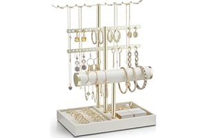 Vlando Schmuck Organizer 4 Etagen Schmuckständer Gold mit Lederner Armbandhalter - Schmuckaufbewahrung Display für Halsketten, Uhren, Ringe, Ohrringe, Armbänder, Armreifen, Sonnenbrillen