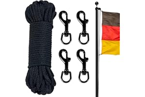 NQ 15M Fahnenmast Seil Wetterfest mit 4 Karabinerhaken, Nylon Flaggenseil für Haus Außenbereich, Fahnenmast Zubehör mit 4 Haken Flag Rope (Schwarz)