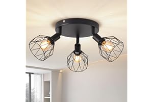 ANWIO Faretti da Soffitto Regolabili Base Rotonda,Lampadario Vintage con 3 Lampadine LED Attacco E14,Applique da Parete,Plafoniera per Vetrina,Cucina,Camera da Letto,Soggiorno,Lampadine Escluse EUC-EA