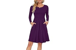 AUSELILY Women's Long Sleeve Pleated Loose Swing Casual Dress with Pockets Knee Length