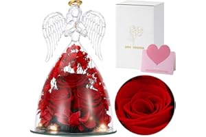 Emibele Christmas Angel Rose Gifts for Mom Grandma, Preserved Real Rose in Glass Angel Figurines, Eternal Flower Rose Gifts for Women on Mother's Day Birthday Anniversary Thanksgiving, Red