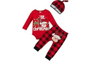 Wexuua My First Christmas Baby Mädchen Jungen Roter Strampler mit gestreifter Hose und Hut 3-teiliges Neugeborenen-Outfit-Set