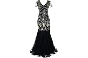 Feynman Abito da sera da donna anni '20, con scollo a V, con paillettes, con frange, retrò, lungo, con brillantini, sexy, a maniche lunghe, per cocktail, feste, matrimoni