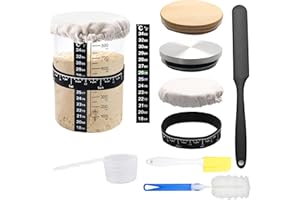 FLEARITZO Zestaw Startowy do Zakwasu 10 elementów, 900ml Słoik do Zakwasu, Drewniana i Stalowa Pokrywka, Chustka, Gumka, Papier Termometru, Szpatułka Silikonowa, Do Piekarnictwa i Fermentacji
