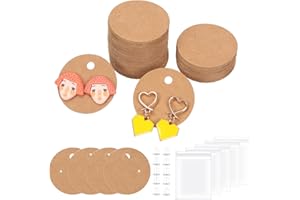 Swpeet Assortiment de 600 cartes de présentation rondes en papier kraft, 4 cm à 1,6 pouces, avec fermoirs de boucles d'oreilles et sacs autocollants, cartes de support pour