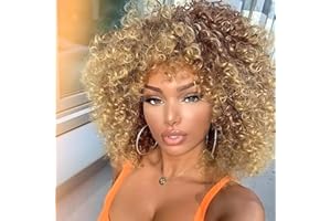 YEESHEDO Afro Perücke Braun Blond Brazilian Synthetische Brasilianisches Verworrene Lockige Natürliche Haar für Frauen, Kinky Curly mit Pony kurze Perücken für Schwarze Damen
