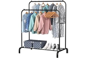 ACCSTORE Freestanding Metal Clothes Rack with Double Pole Storage Shelf, Black