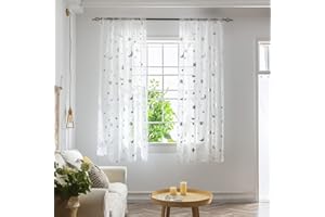BOYOUTH Stars and Moon Pattern Sheer Voile Curtains for Window Decorations,Rod Pocket Curtains and Drapes for Bedroom,Study,Living Room,Silver,2 Panels,39 x 51 Inches