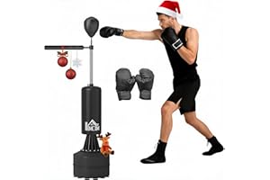 HOMCOM Sac de Frappe sur Pieds Punching Ball brunier 3 en 1 avec Ballon de Vitesse Bras Flexible Rotatif Hauteur réglable revêtement synthétique Base HDPE dim. 88L x 48l x 155-205H cm
