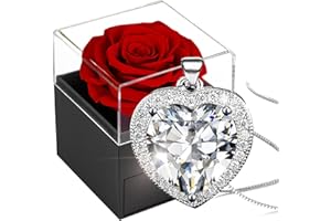 WILLUCK Preserved Real Rose with Crystal Necklace,Forever Red Rose with Cubic Zirconia Heart Necklace,925 Sterling Silver Bithstone Pendant in Eternal Rosebox,Infinity Gift for Her On Christmas valentine