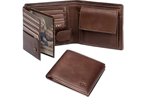 GSG SINCE 1998 Mens Cowhide Leather Wallets with Coin Pocket,17 Credit Card Slots, 2 Banknote Compartments Genuine Leather RFID Wallet Brown