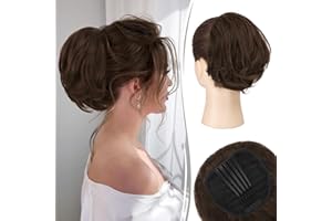 RUWISS Treska do włosów, kok z grzebieniem, krótka, koński ogon, prawdziwe włosy, kok, przedłużenie włosów, kok, dla kobiet, ciemny brąz z 15% ciemnym kakaowym blondem