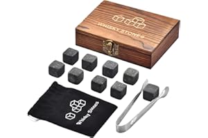 MAGICORANGE Whisky Steine Geschenkset – Whisky Gläser Set Luxus handgemachte Holzkiste mit 1 Whiskey Gläsern – 9 Granit Kühlsteine – Sac en Velours et Clip (Rund)