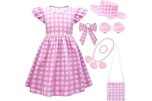 Seaehey Disfraz de Barbiee para niña, color rosa, sin mangas, a cuadros, con bolsillo y accesorios, bonito vestido de princesa para niñas