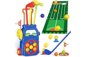 JONEG Toys for 3-8 Year Old Kids: Golf Set Toy for Toddlers, Gifts for 3 4 5 6 7 8 9 10 Year Old Boys Girls, Outdoor Indoor Sport Toy with 7 Balls, 4 Golf Clubs, 2 Practice Holes for Summer (Blue)