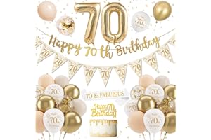 DJLLA 70th Birthday Decoration for Women Men, Gold White Balloons with Happy 70th Birthday Banner, Confetti Latex Balloons Cake Topper for Women Party Decorations