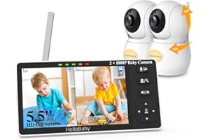 HelloBaby Elektroniczna niania 2 kamery z kamerą dla niemowląt 1080p, podzielony ekran z kamerą i noktowizorem, bez WiFi, panoramiczny zoom, lampka nocna, zasięg 300 m, dwukierunkowy dźwięk,